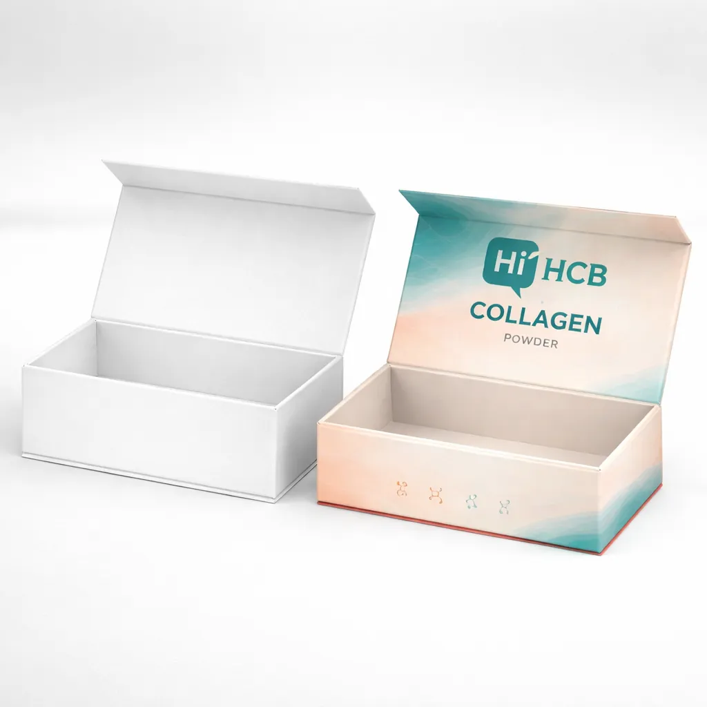 Two rigid magnetic gift boxes, one plain white and one printed with a beach-themed brand design. class=